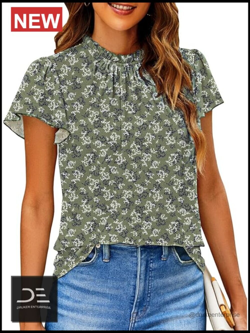 Women Boho Floral Ruffle Mock Neck Short Sleeve Blouse Top